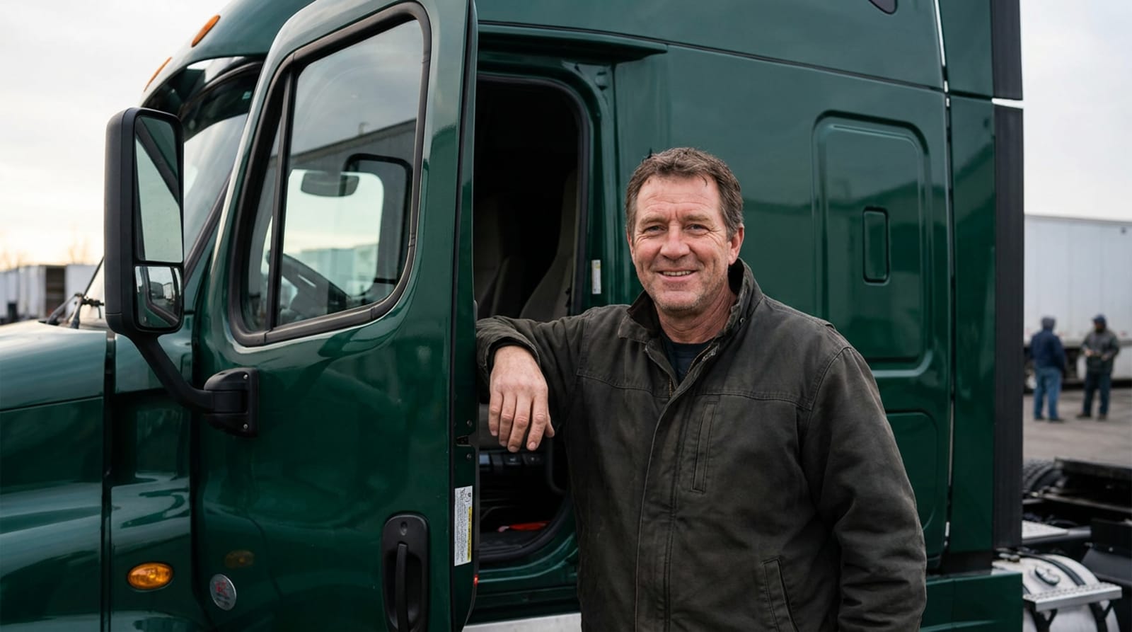 Green Lantern Trucking CDL-A driver standing beside a company semi truck preparing for a long-haul run