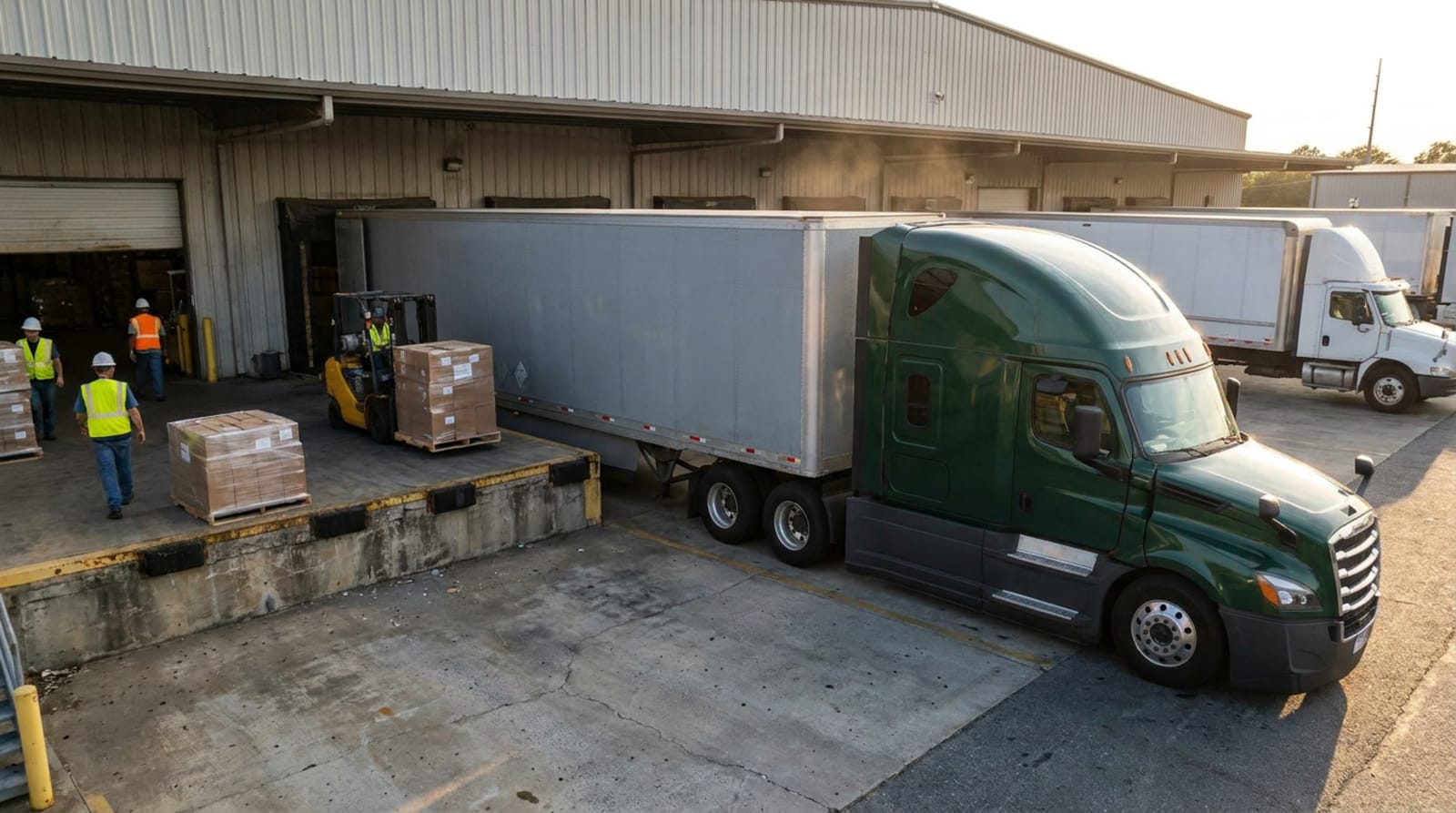 Green Lantern Trucking semi truck backed into a loading dock with freight being staged for LTL pickup