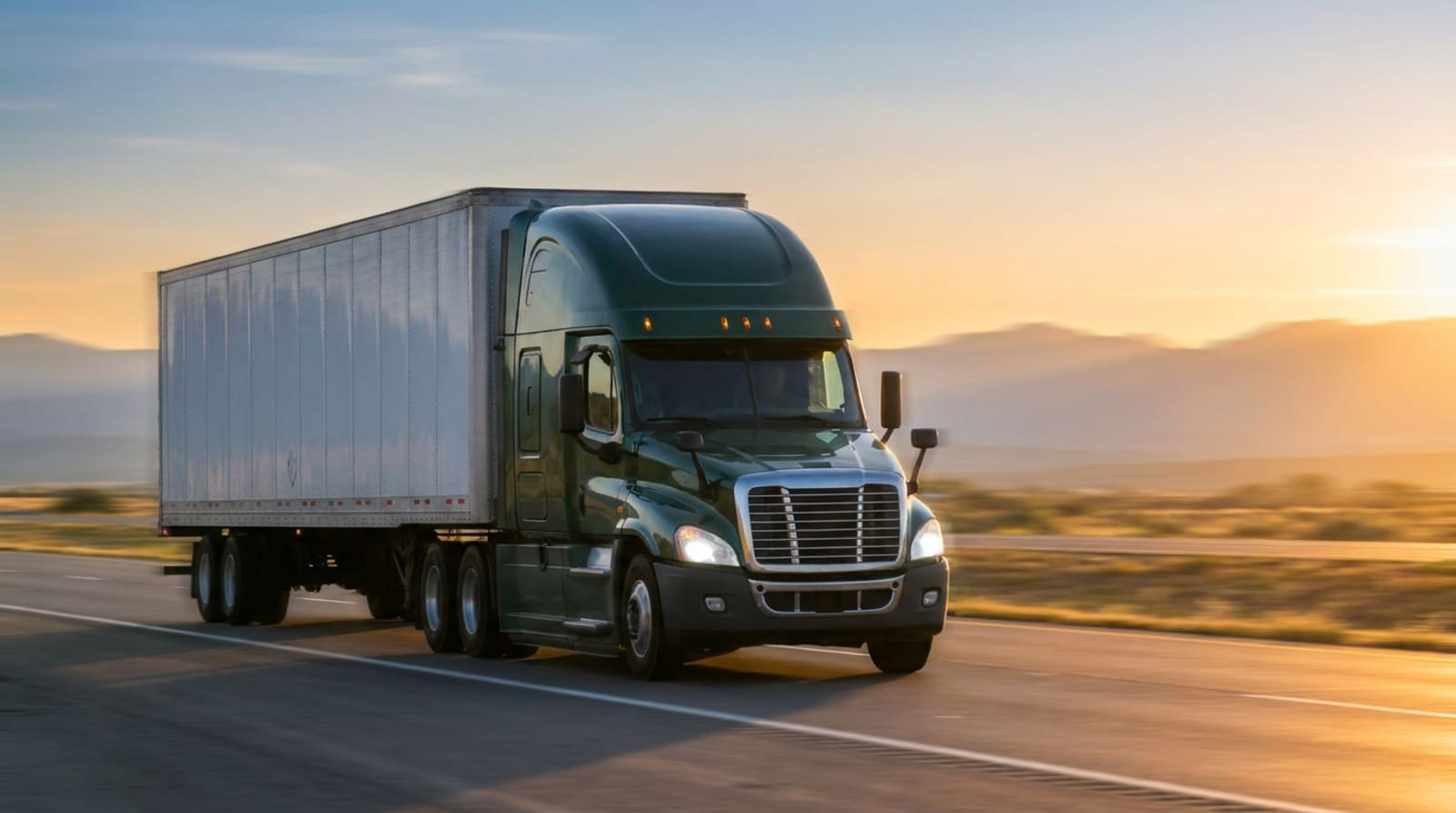 Green Lantern Trucking semi truck running a dedicated freight lane on a wide open interstate highway